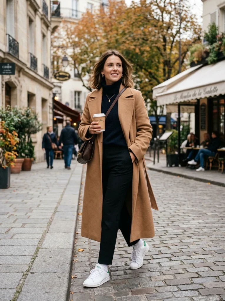  Sophisticated Long Camel Coat and White Sneaker Combo