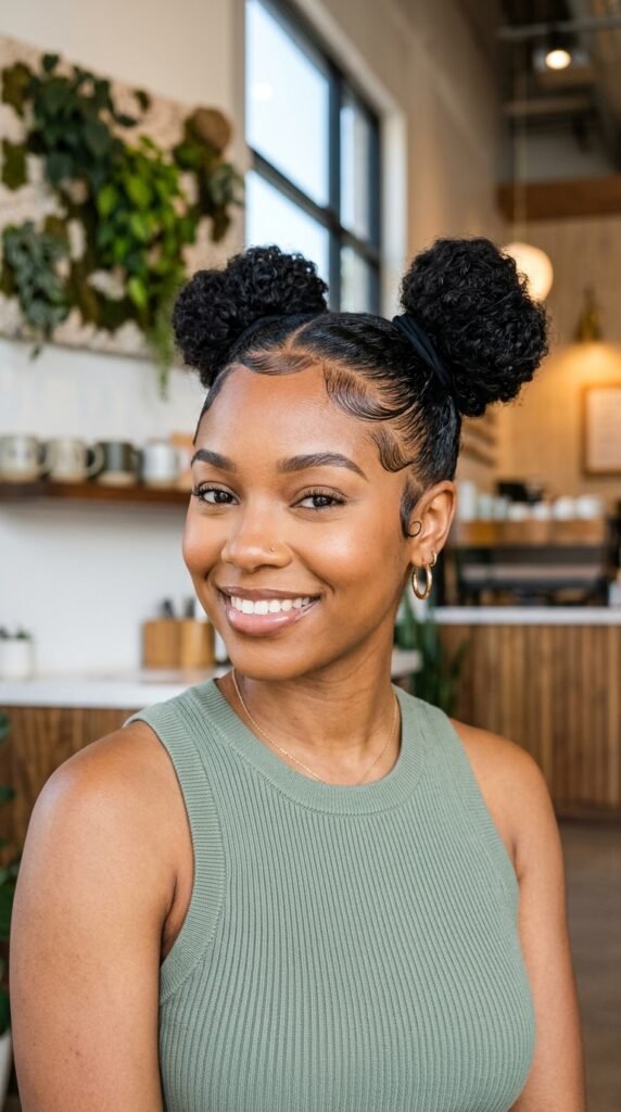 Space Buns with Defined Edges Hairstyle