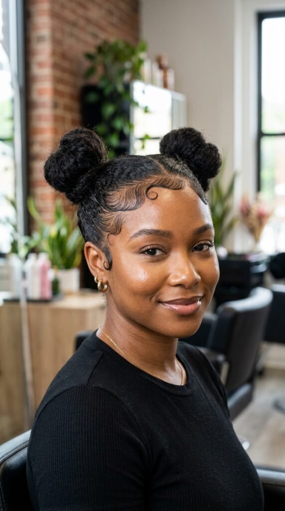 Space Buns with Defined Edges Hairstyle