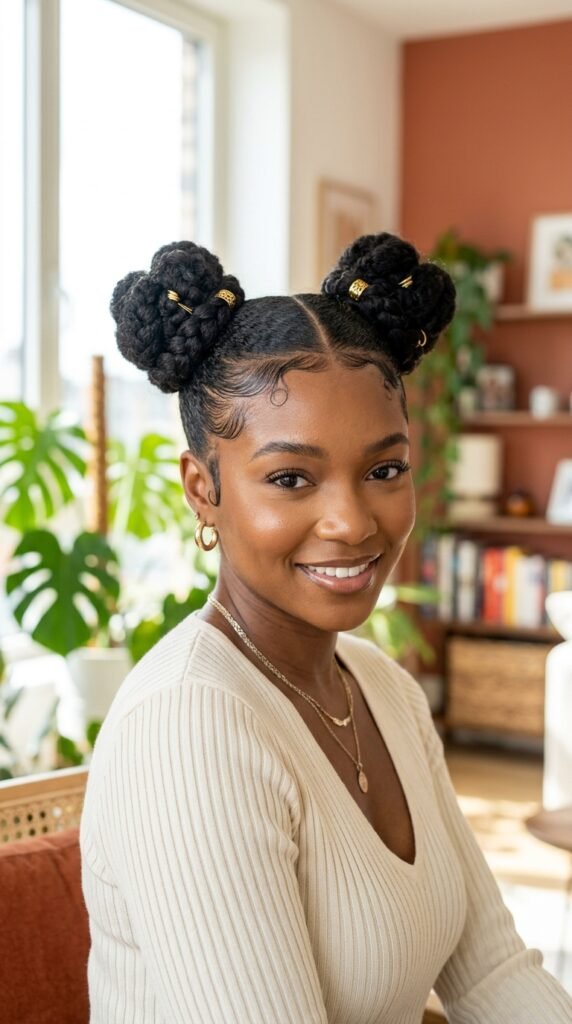 Space Buns with Defined Edges Hairstyle