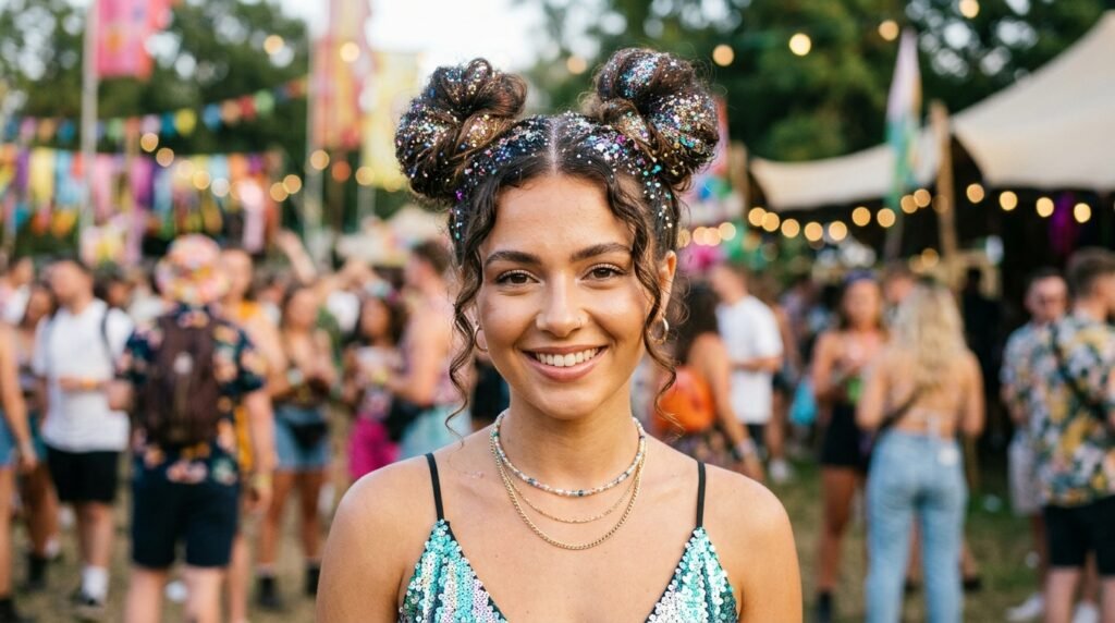 Sparkly Twin Buns Hairstyle