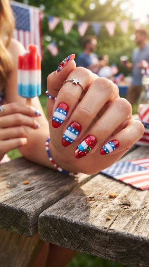 Sweet Cherry Accent Bomb Pop 4th Nails