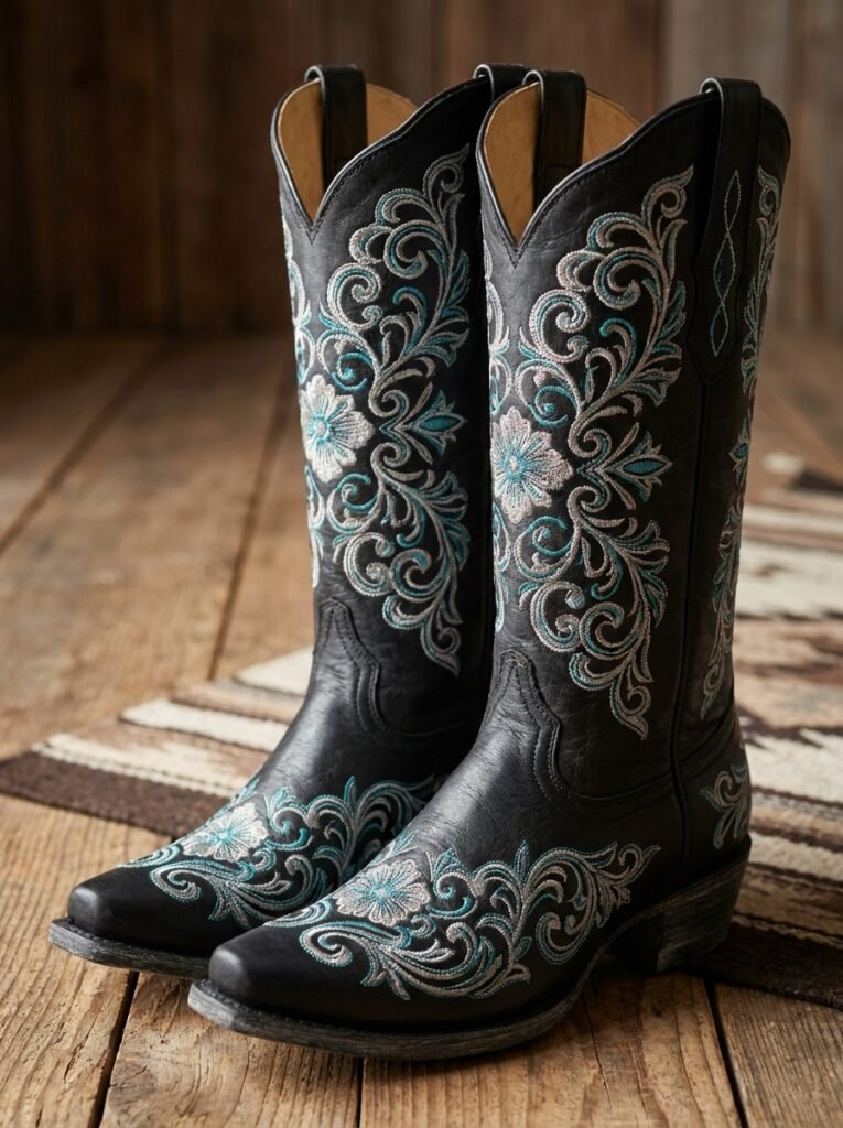 Tall Black Embroidered Boots
