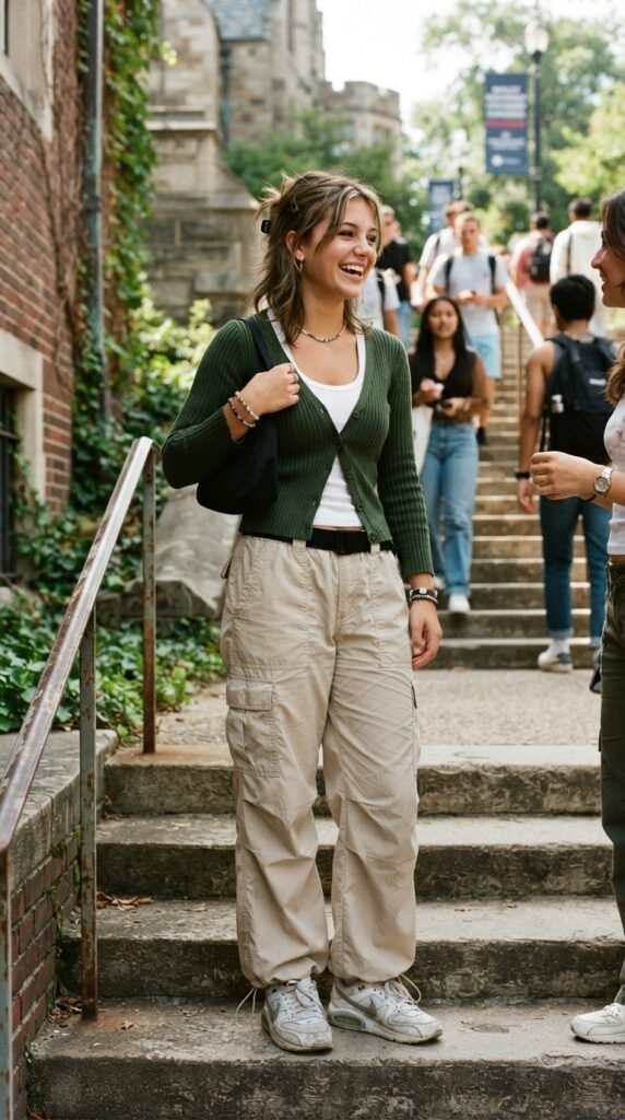 The Cardigan Buttoned Low and Parachute Pants First Day of School Outfit