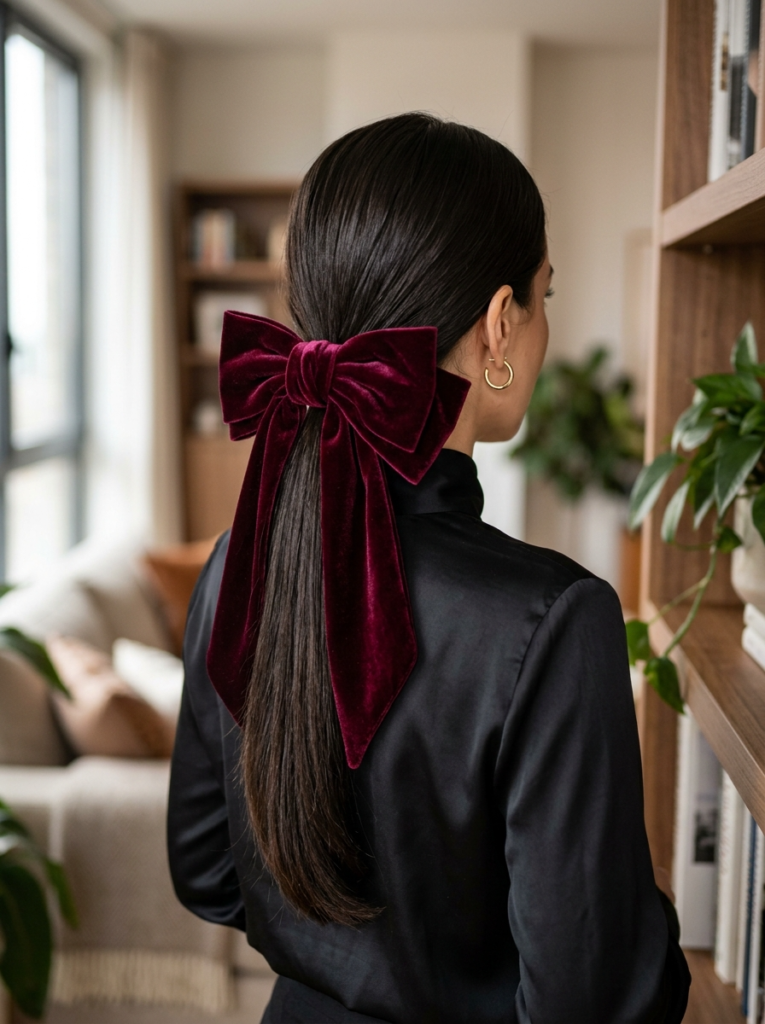 The Oversized Velvet Bow Low Pony Hairstyle