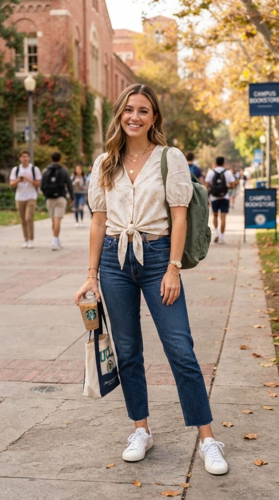 The Tie-Front Blouse and Straight Jeans Back to School Outfit