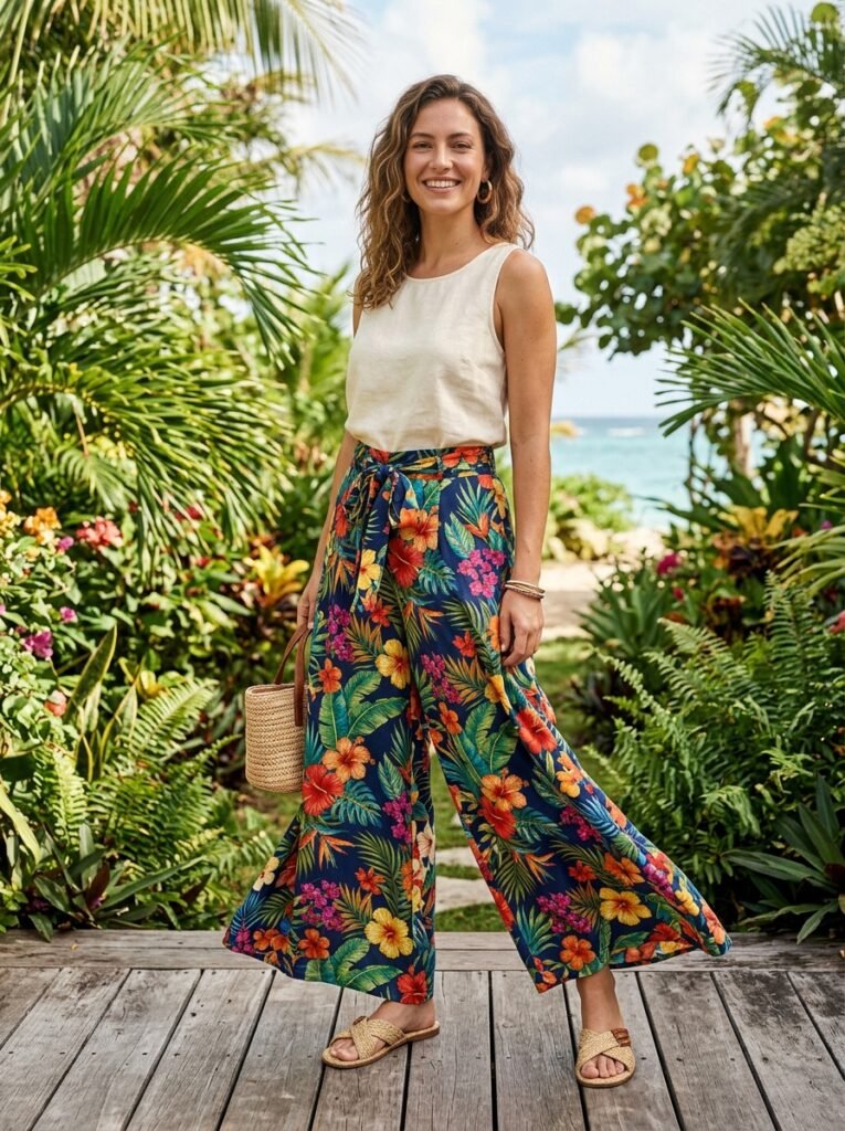 Tropical Floral Wide-Leg Pants