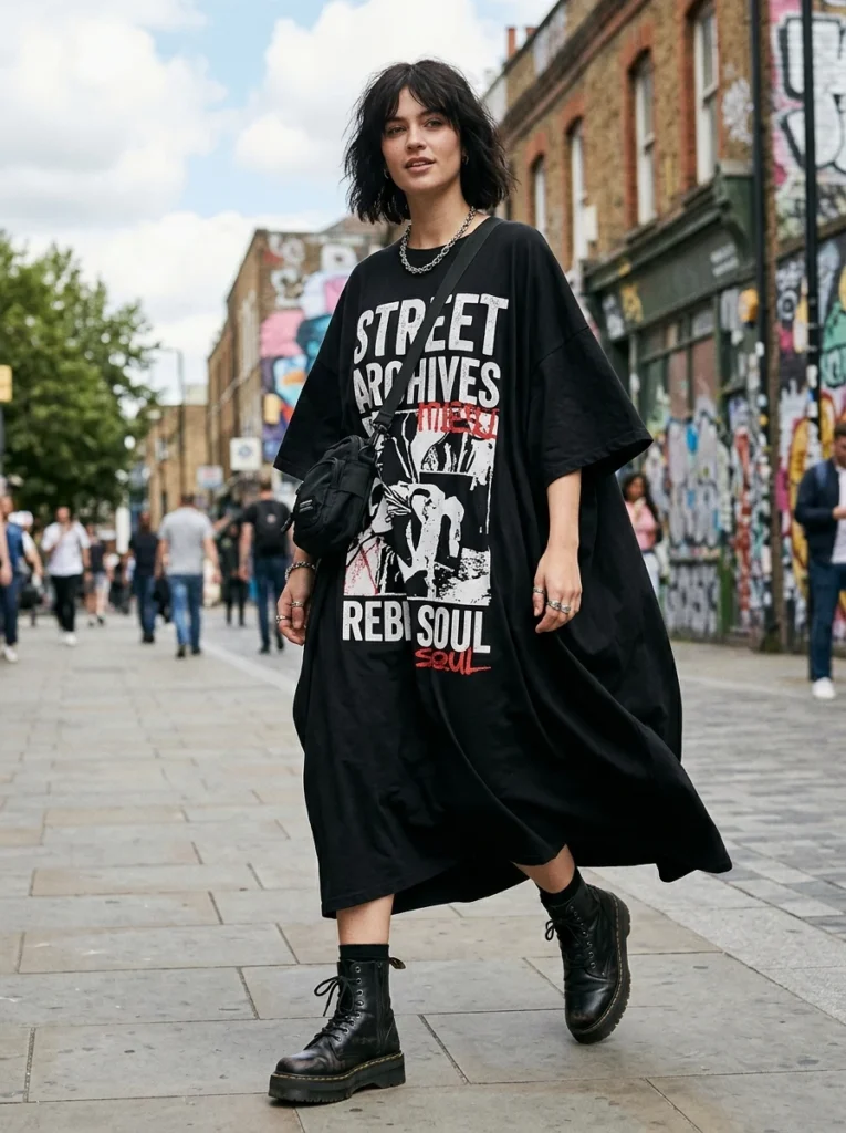 Voluminous Graphic T-Shirt Dress with Boots