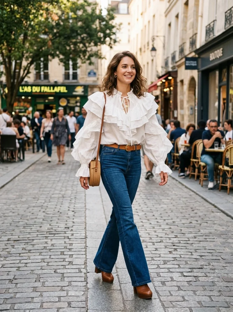 Voluminous Ruffled Blouse with Flare Jeans