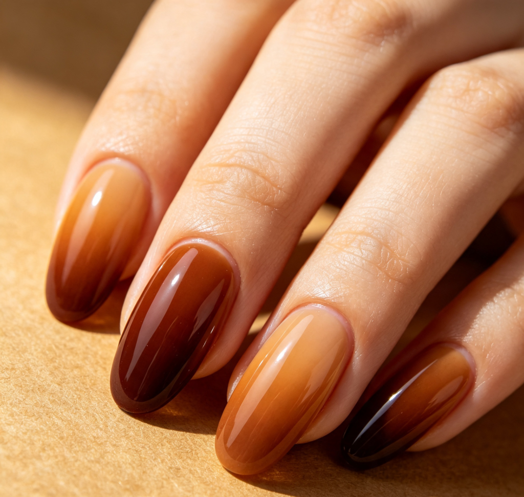 Warm Autumn Brown Ombre Nails 
