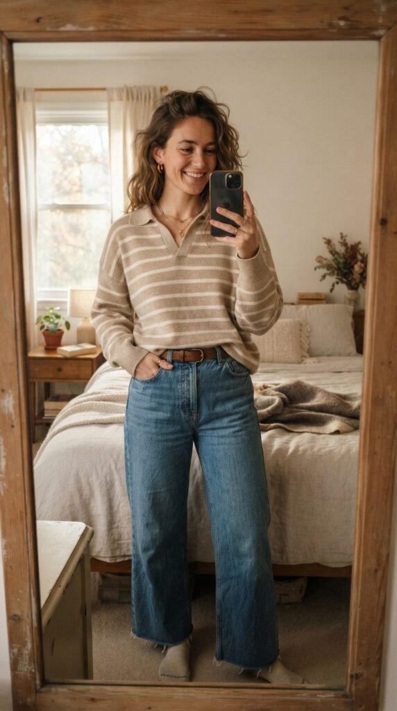 Tucked Polo Knit with Wide-Leg Denim