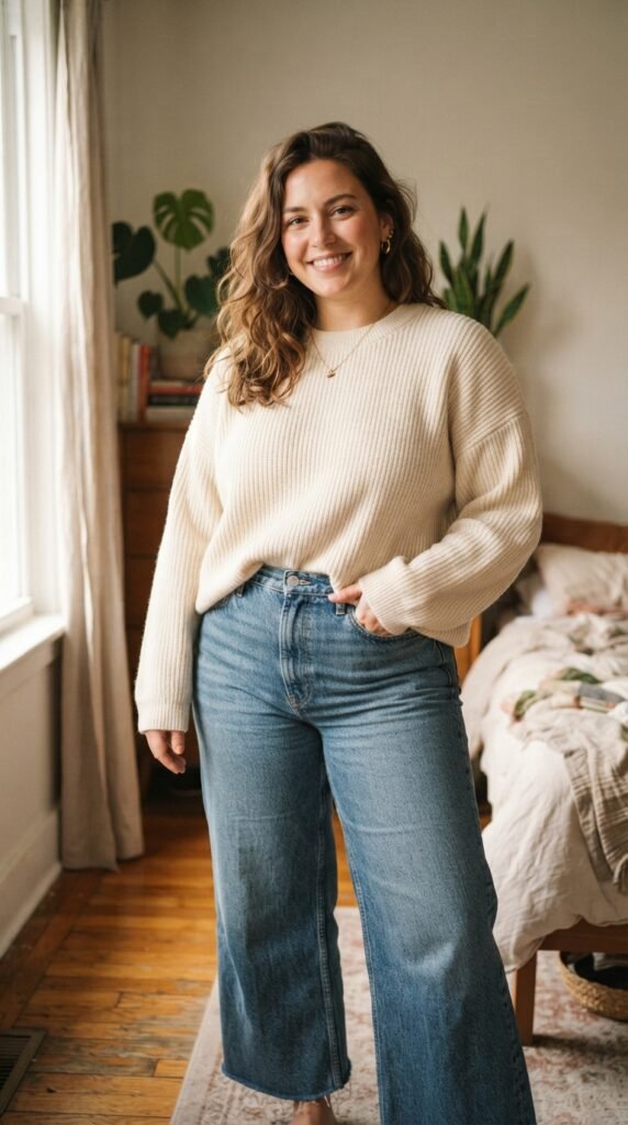 Oversized Ribbed Sweater with High-Waisted Wide-Leg Denim Outfits