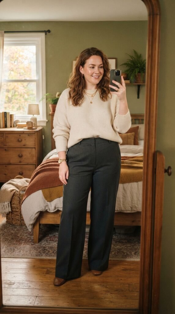 High-Waisted Wide-Leg Trousers & French-Tucked Sweater Outfits