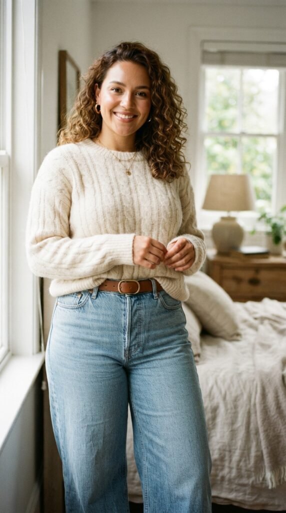 High-Waisted Wide-Leg Jeans & French-Tucked Sweater