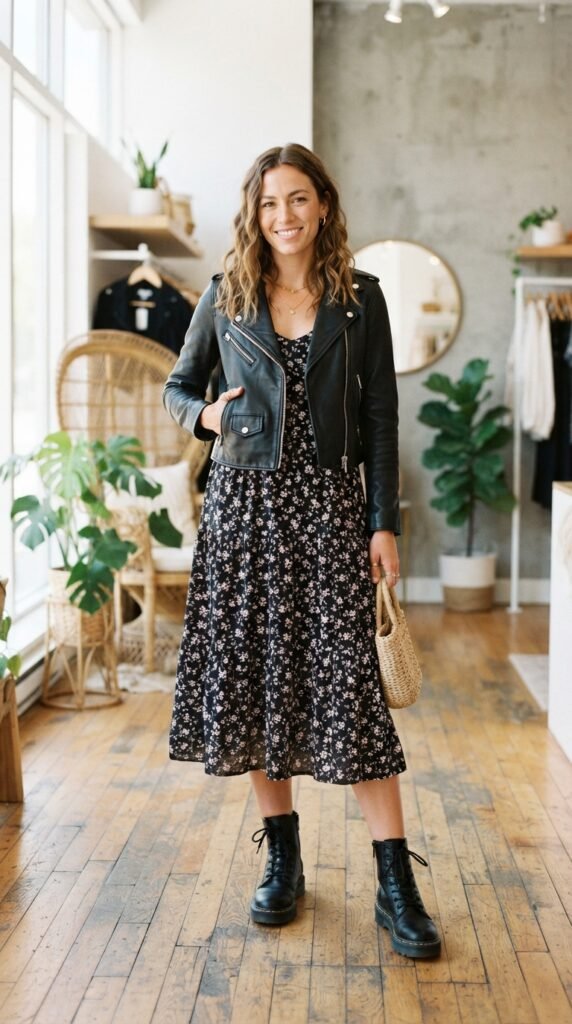 Tiered Smocked Midi Dress with Leather Jacket