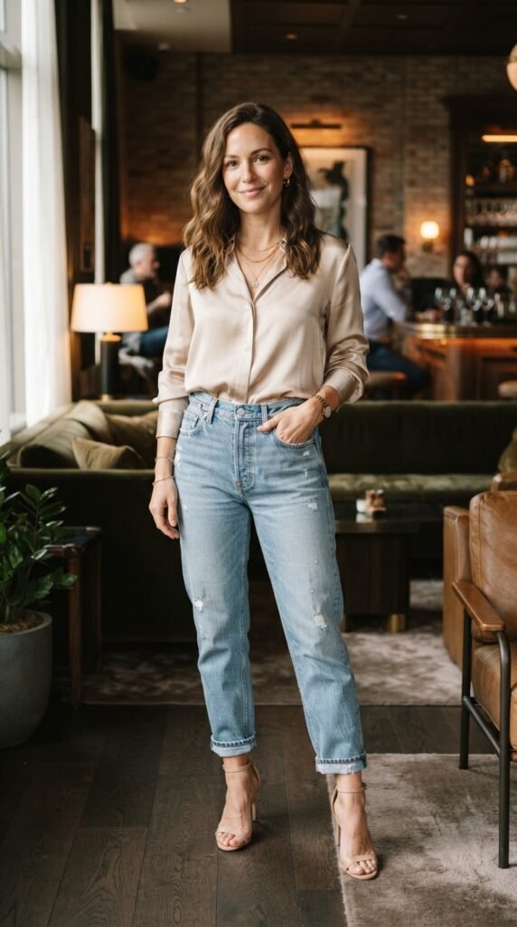 Distressed Boyfriend Jeans & Satin Blouse Denim Outfit