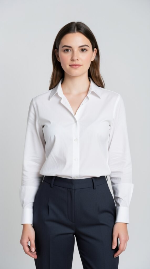 Tunic-Length Button-Down Shirt with Tailored Trousers