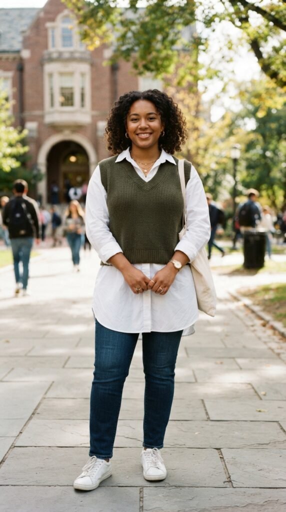 V-Neck Sweater Vest Layered over Tunic Shirt Outfits