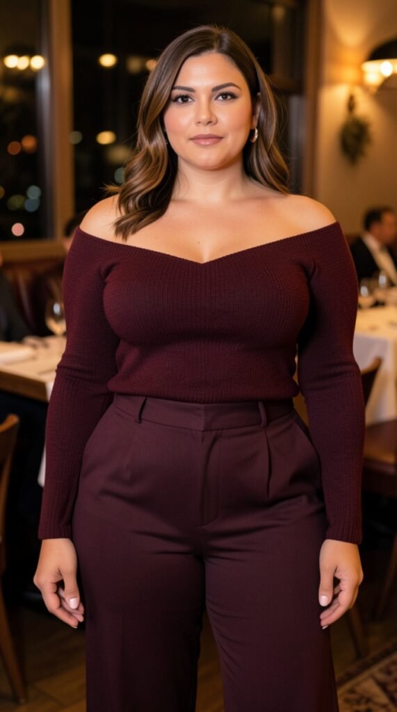 Off-The-Shoulder Knit Top with High-Rise Flare Pants Outfits