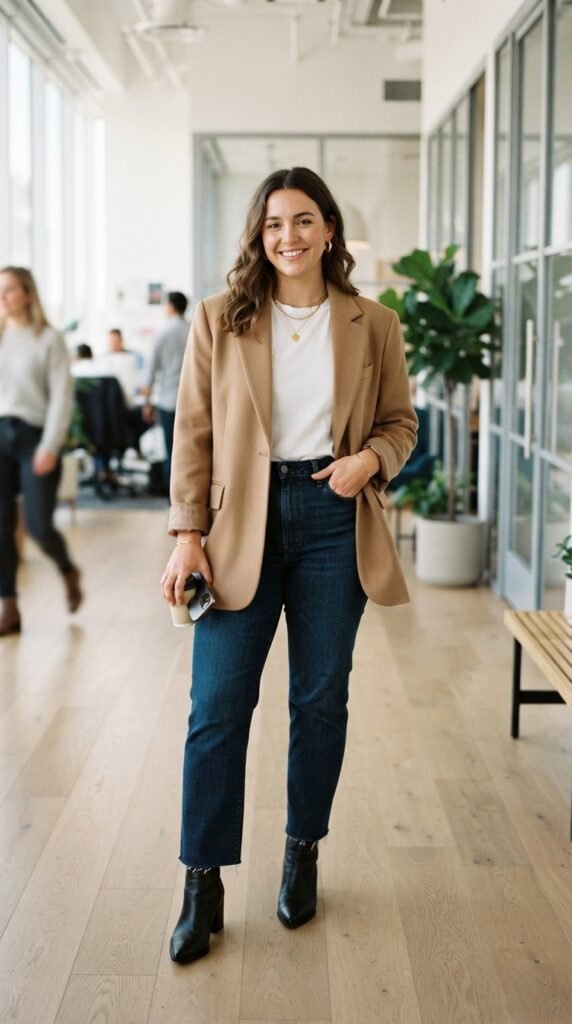 Straight-Leg Dark Jeans & Oversized Blazer Denim Outfit