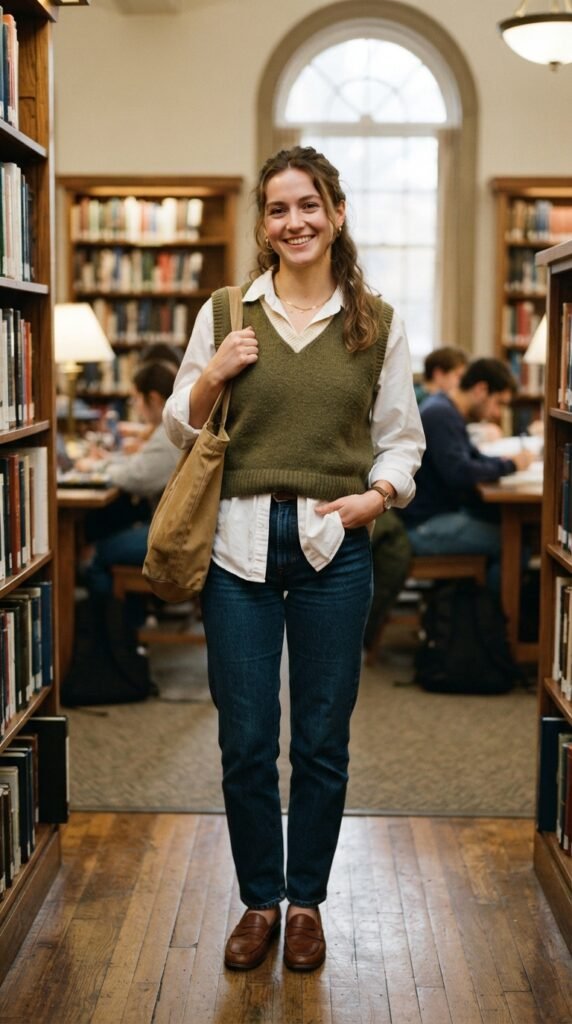 V-Neck Sweater Vest Layered over an Oversized White Shirt