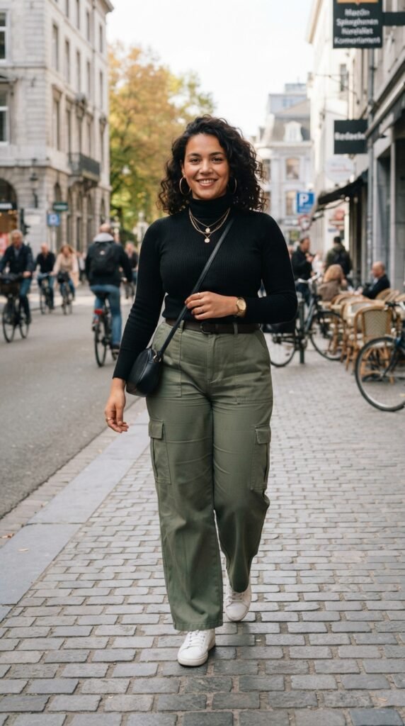 Olive Cargo Trousers with Soft Turtleneck Outfits