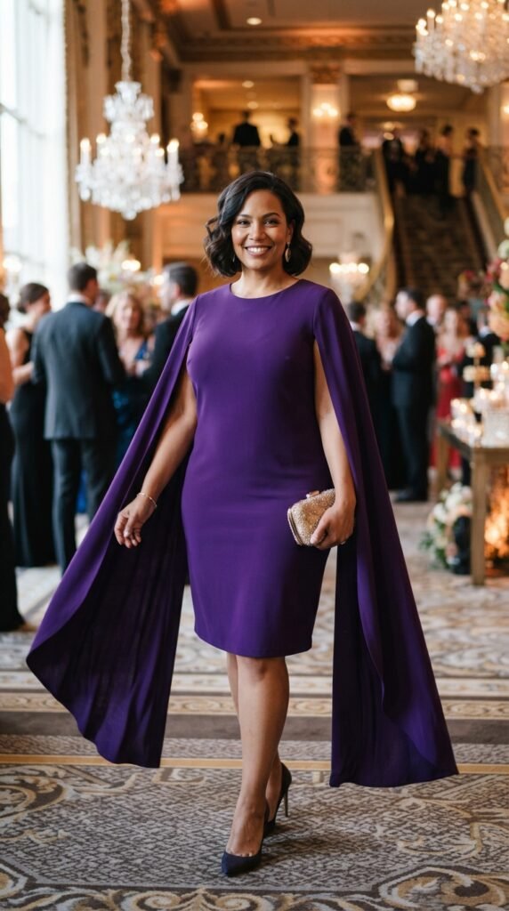Dramatic Cape-Sleeve Shift Cocktail Outfit