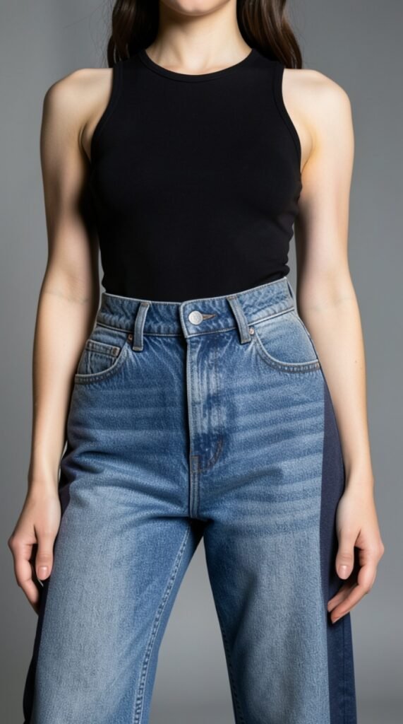 Two-Tone Panel Denim Jeans & Fitted Body Outfit