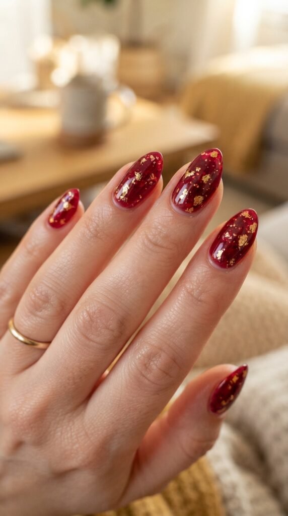 Cranberry Jelly & Gold Flake Nail Art