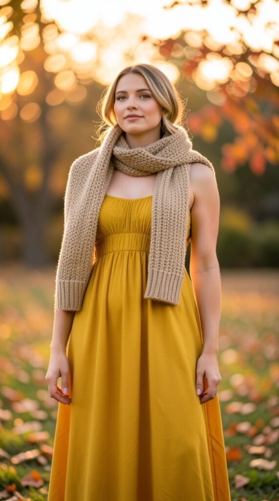 Flowy Empire-Waist Maxi Dress with Chunky Scarf