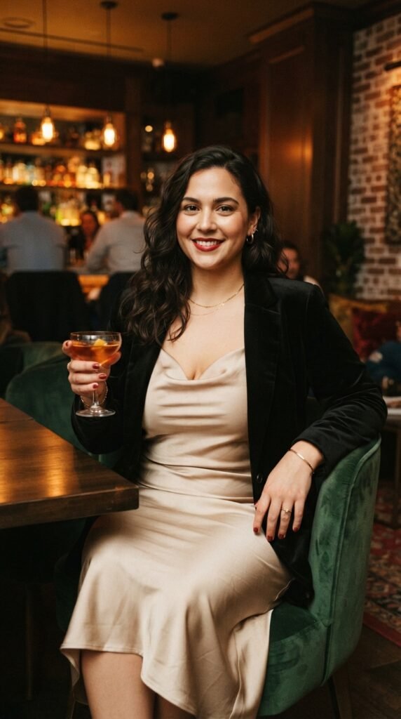 Sheer Layered Slip Dress with Velvet Blazer Cocktail Outfit