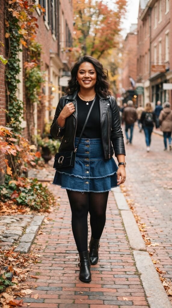 Tiered Denim Mini Skirt & Leather Jacket Outfit