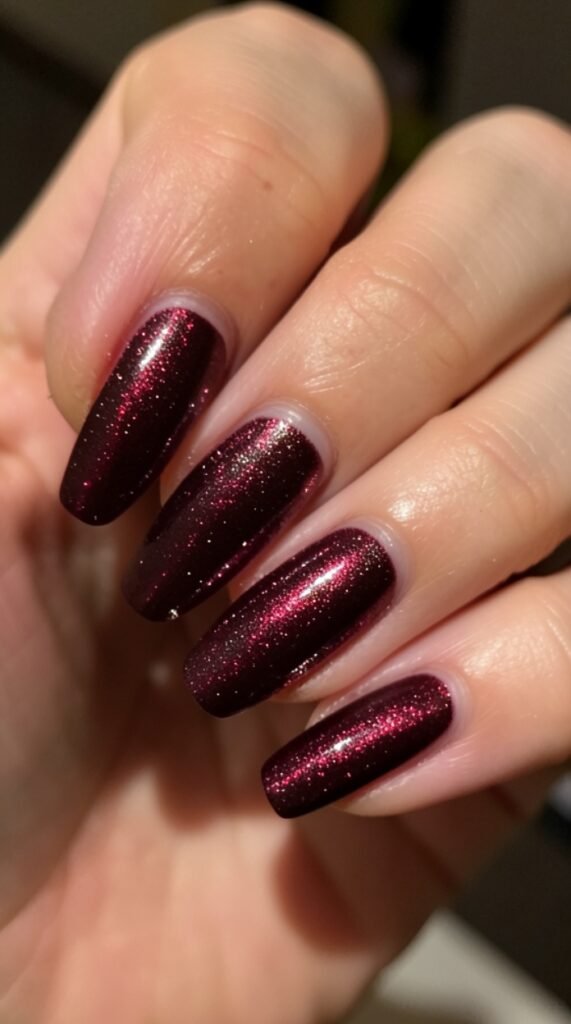 Wine Red Chrome Velvet Nail Art