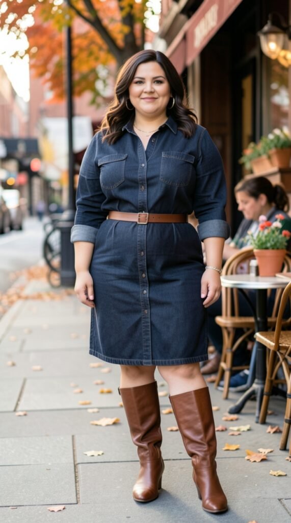 Tailored Belted Denim Shirt Dress Outfit