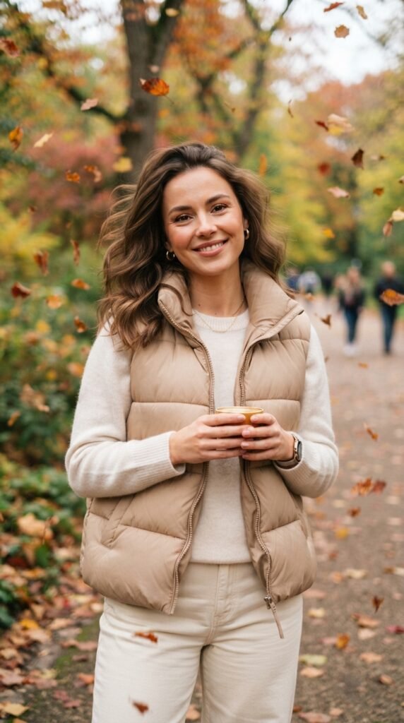 Layered Puffer Vest over a Soft Fine
