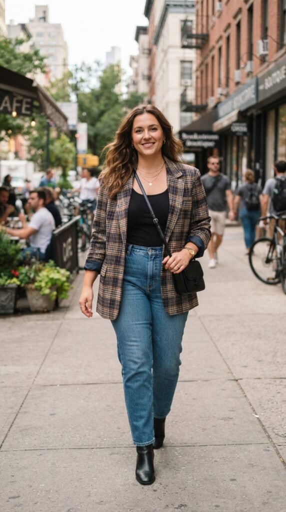 Tailored Relaxed Blazer over Fitted Tank and Straight Jeans Outfits