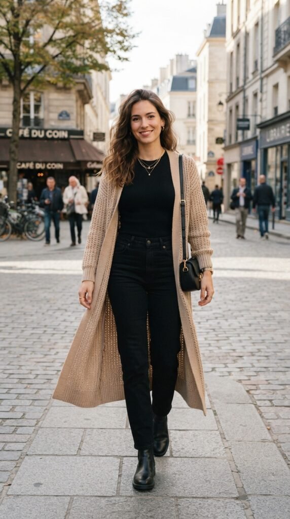Longline Duster Cardigan over a Monochrome Base Outfits