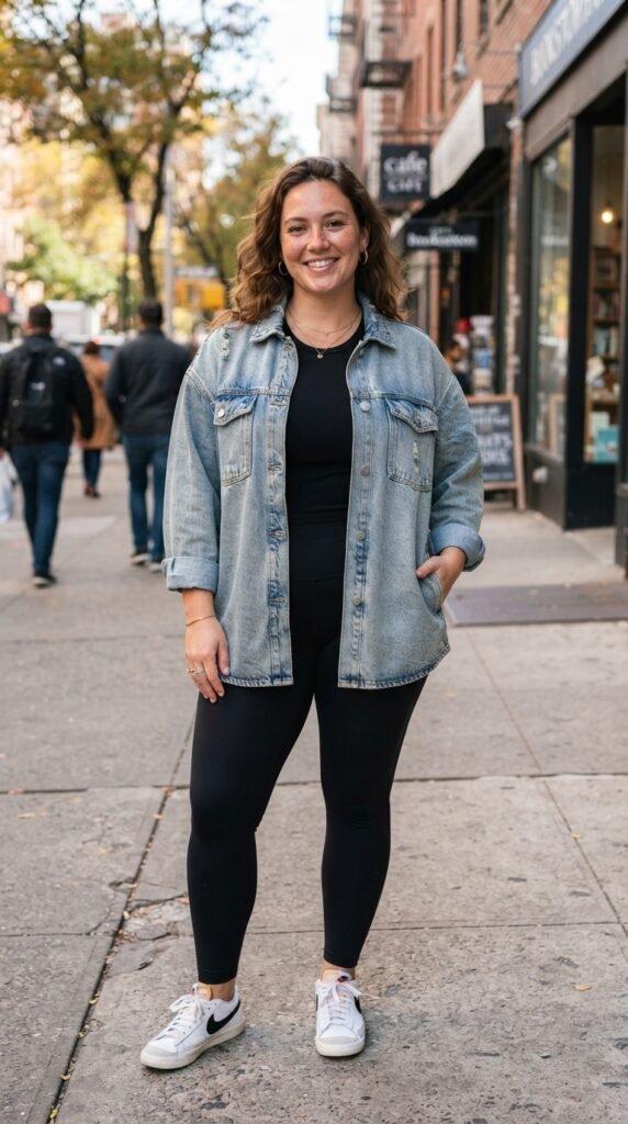 Oversized Denim Shacket & High-Rise Leggings Outfit