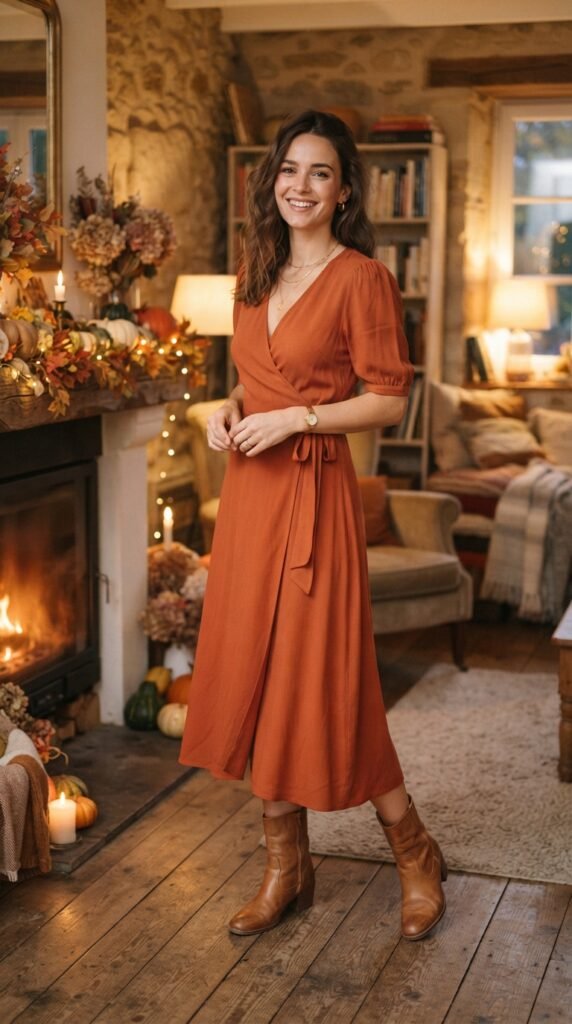 Wrap-Front Midi Dress with Knee-High Boots