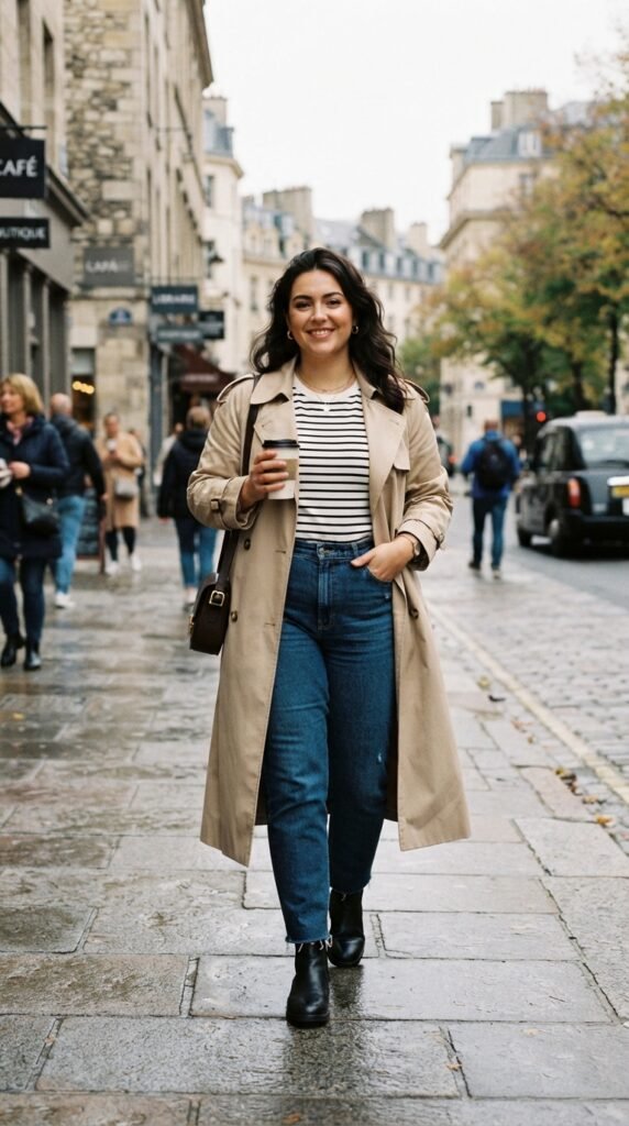 Classic Trench Coat with Striped Tee and Dark Denim Outfits