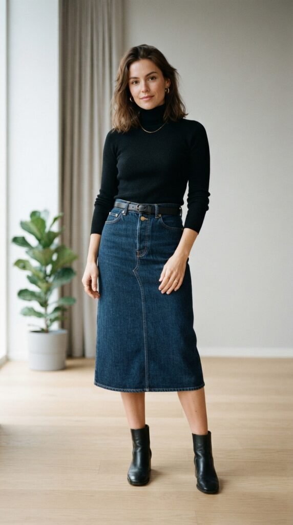 Dark-Wash Denim Midi Skirt & Turtleneck Outfit