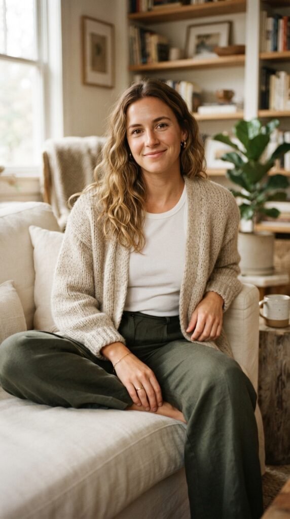 Chunky Cardigan over a Fitted Tank and Fluid Trousers