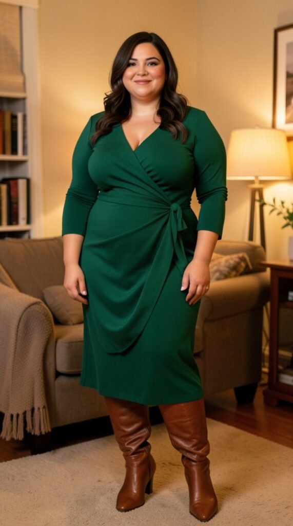 Knit Wrap Midi Dress with Knee-High Leather Boots Outfits