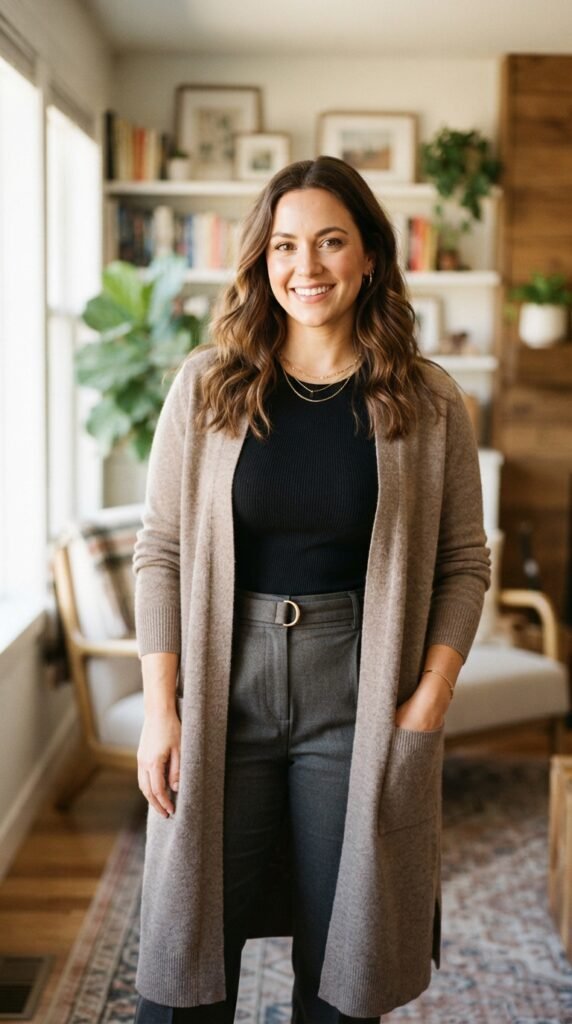 Duster Cardigan with Fitted Top and High-Rise Pants Outfits