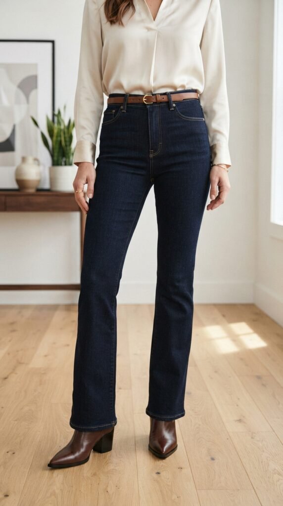 High-Rise Bootcut Jeans & Flowy Satin Blouse Outfits