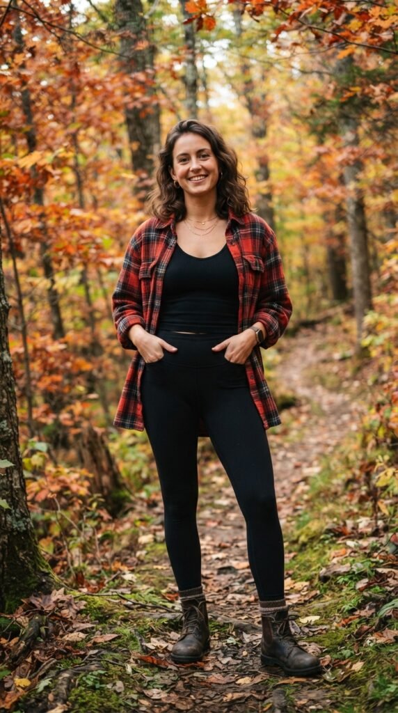 Plaid Flannel Shirt over High-Rise Leggings Outfits