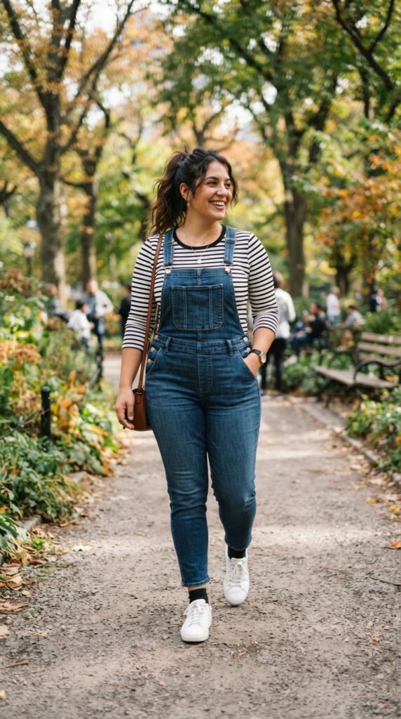 Dark-Wash Denim Overalls & Ribbed Top Outfit