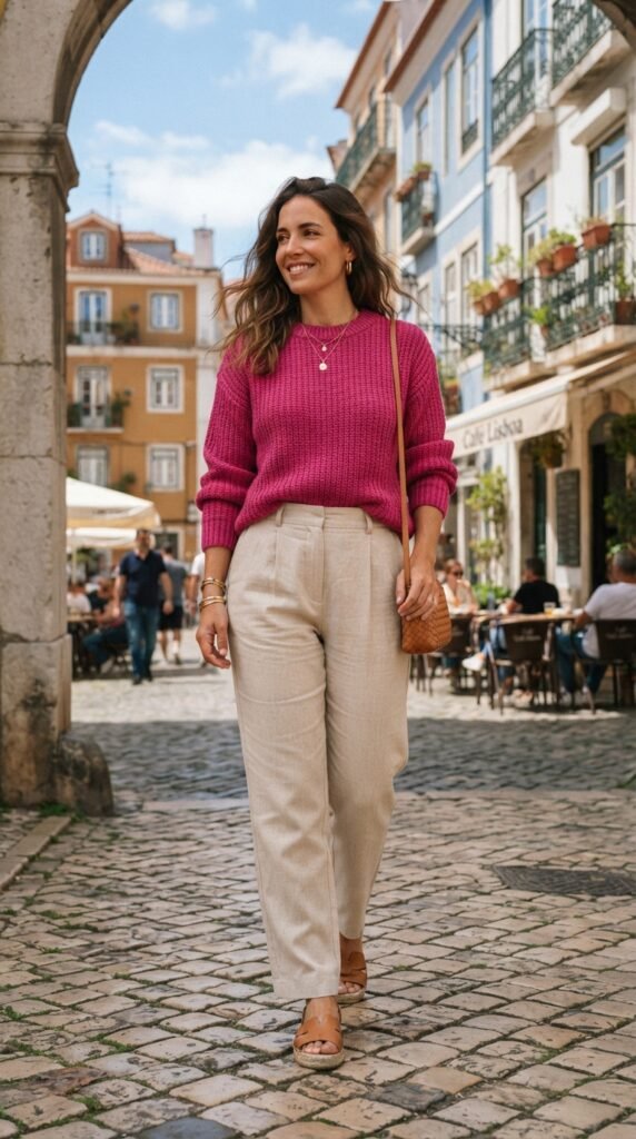 Beige Linen Trousers with Fuchsia Knit Sweater Outfit