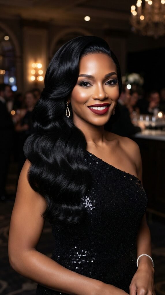 Midnight Jet Black Hollywood Waves Hairstyle