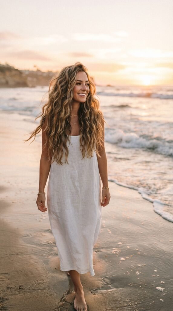 Golden Hour Bronde Beach Waves Hairstyle